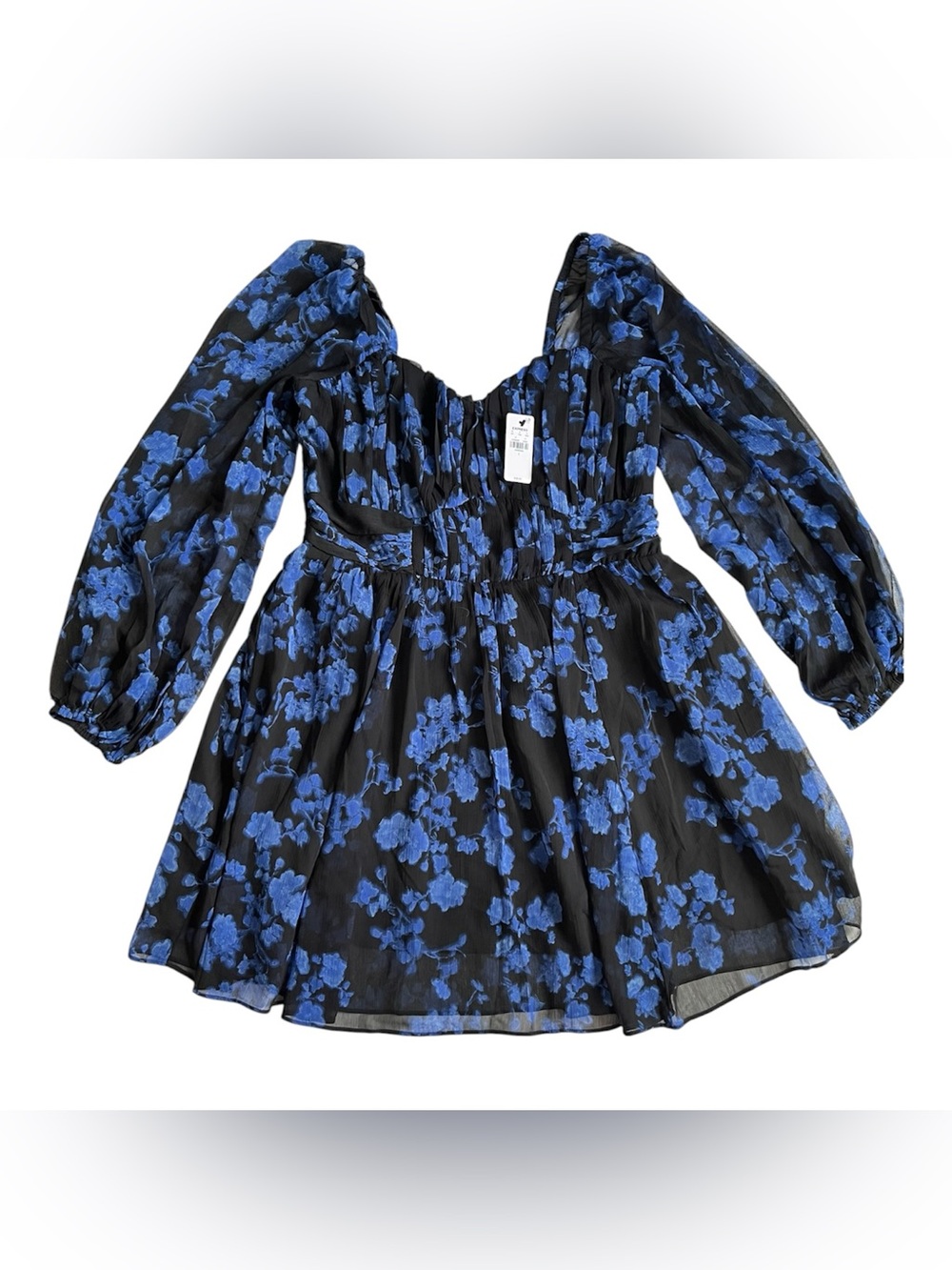 NWT Express Black Dress with Royal Blue Floral print and Puff Sleeves